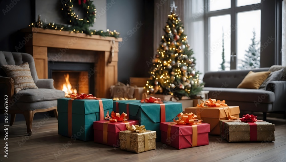 Colorful gift boxes under the Christmas tree and beside the fireplace in the living room
