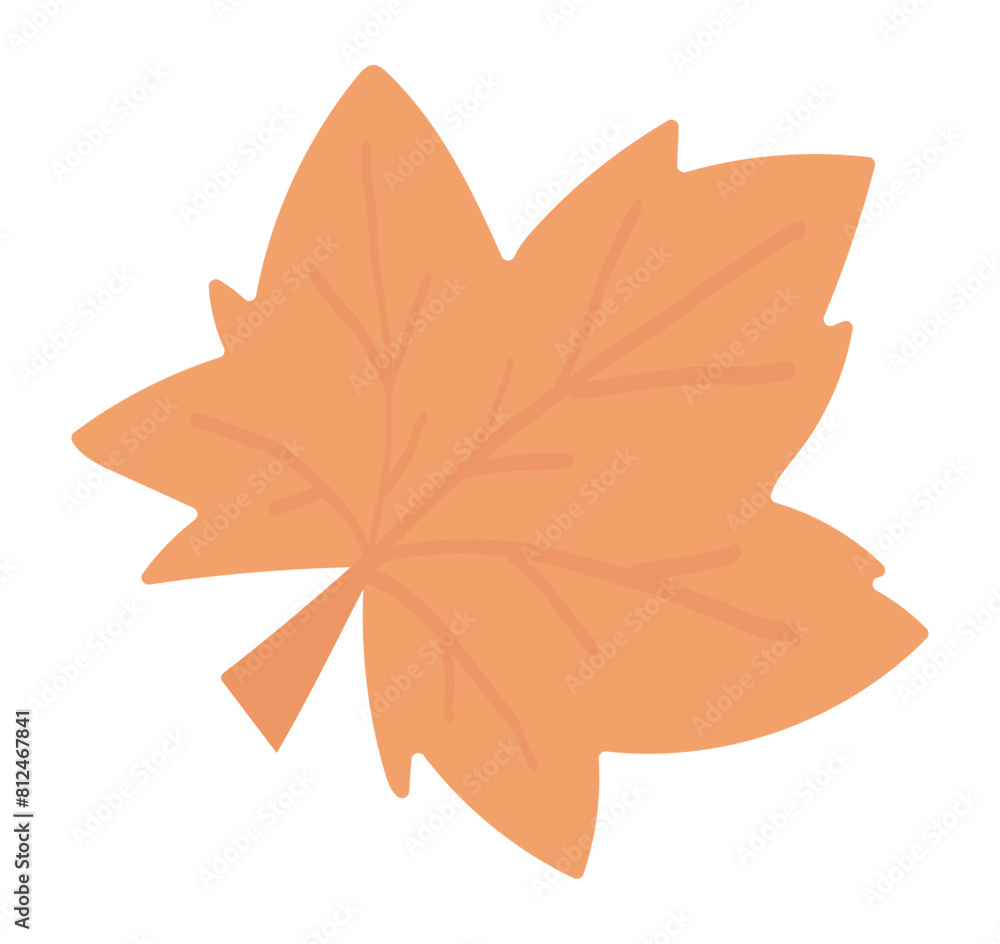 Autumn maple leaf in flat design. Cute orange falling foliage with veins. Vector illustration isolated.