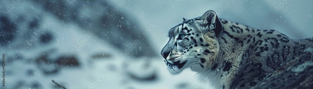 Obraz premium A closeup view of a snow leopards face, showcasing its distinctive markings and intense gaze, with the snowcovered Himalayan mountains in the background The winter scene provides a peaceful backdrop, 