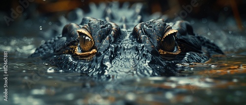 A dramatic closeup of a crocodiles eye, half hidden beneath the water surface, staring ominously above the waterline, conveying the stealth and danger of this apex predator 8K , high-resolution, ultra