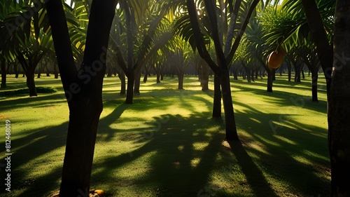 unlight streaming through mango orchard, casting dappled shadows on the ripe fruit  photo