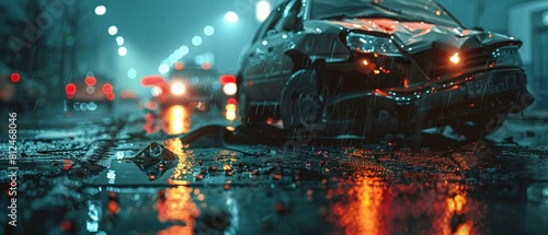 A sobering depiction of a car crash on a wet road at night, with the ambulance lights flashing in the background, underscoring the importance of safe driving practices and the consequences of reckless photo