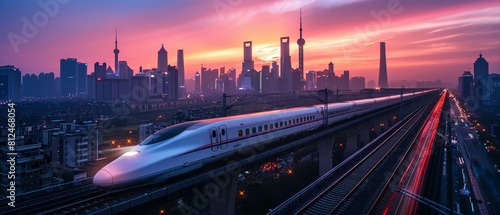 A striking image of a modern bullet train racing along elevated tracks above city roads at twilight, blending seamlessly into the urban landscape and symbolizing progress and innovation 8K , high-reso