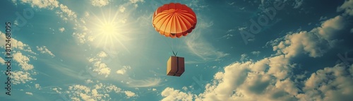A thrilling scene of a package with a brown parcel cardboard box descending with a parachute, symbolizing the efficiency of online delivery service and global logistic concepts for quick and fast carg