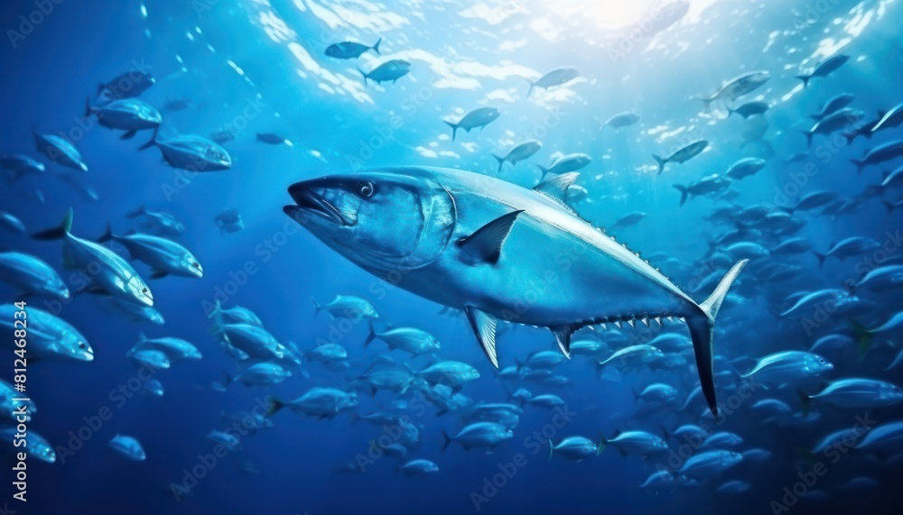 Obraz premium Groups of giant Tuna fish in the underwater, coral reef, amazing underwater life, various fish and exotic coral reefs, ocean wild creatures background