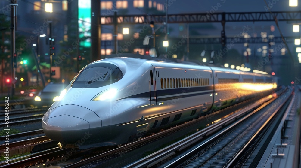 An impressive scene of a bullet train gliding above city streets on elevated tracks at twilight, demonstrating the harmony between technological advancement and urban development An impressive scene of a bullet train gliding above city streets on elevated tracks at twilight, demonstrating the harmony between technological advancement and urban development