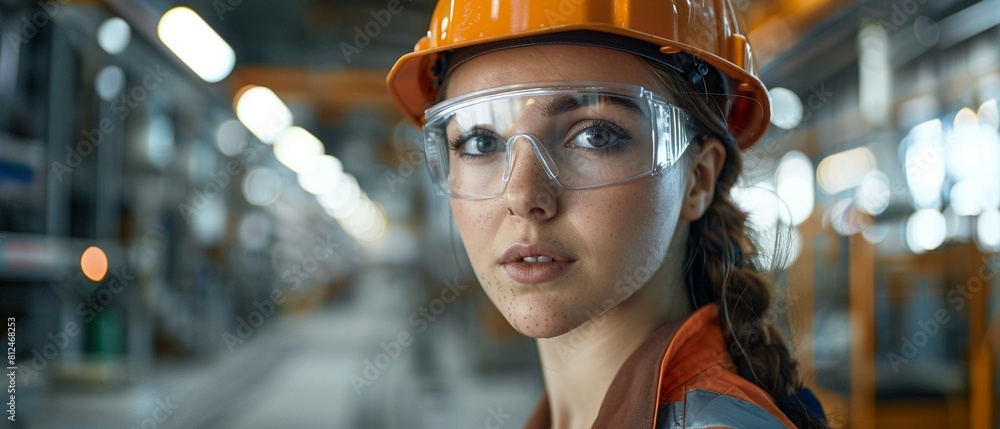 An inspiring image of a young woman engineer, dressed in safety gear, implementing safety protocols in a workshop to prevent accidents and ensure a safe working environment in factories 8K , high-reso An inspiring image of a young woman engineer, dressed in safety gear, implementing safety protocols in a workshop to prevent accidents and ensure a safe working environment in factories 8K , high-reso