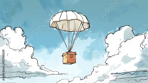 An exciting illustration of a package with a brown parcel cardboard box floating down with a parachute, emphasizing the convenience and reliability of online delivery services and global logistic netw photo