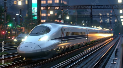 An impressive scene of a bullet train gliding above city streets on elevated tracks at twilight, demonstrating the harmony between technological advancement and urban development