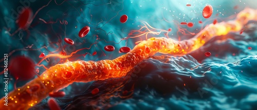 An imaginative scene depicting the struggle between HDL and LDL in the arteries, surrounded by omega3 acids The Mediterranean diet influence is subtly integrated, highlighting the importance of dietar photo