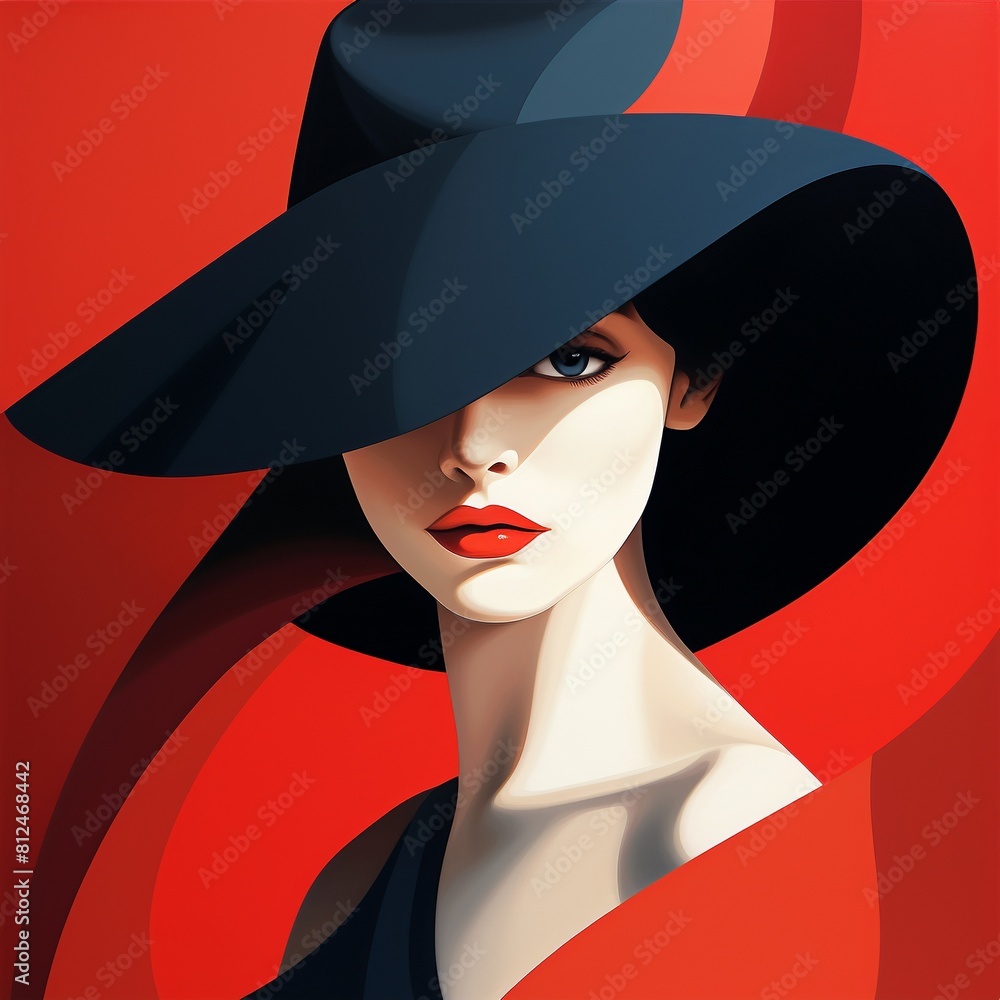 Vibrant depiction of a mysterious woman covered by a red hat, with a modern and simplistic art style that emphasizes color blocking and abstract forms. Vibrant depiction of a mysterious woman covered by a red hat, with a modern and simplistic art style that emphasizes color blocking and abstract forms.