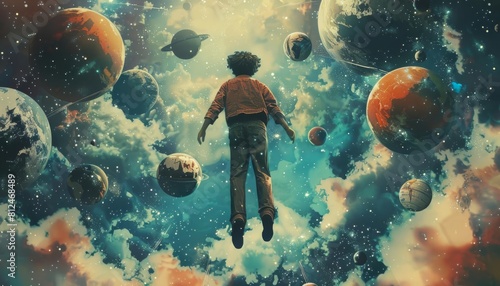 An illustration of youth floating in space, tethered to different planets, symbolizing their roles as ambassadors to the future