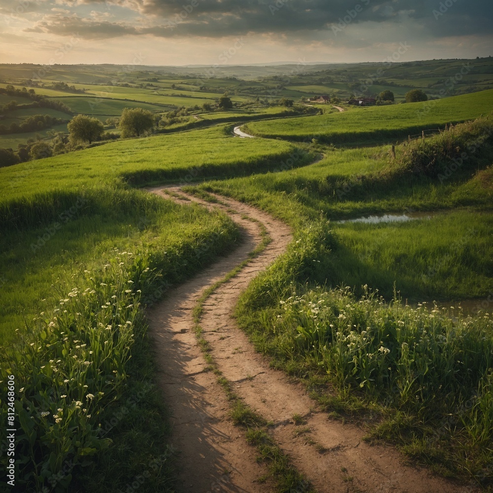 A charming countryside scene with a winding path leading through green fields, interspersed with images of missing children, signifying the journey to reunite families.
A charming countryside scene with a winding path leading through green fields, interspersed with images of missing children, signifying the journey to reunite families.