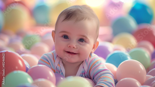 A cute baby lying in pastel color ball pits