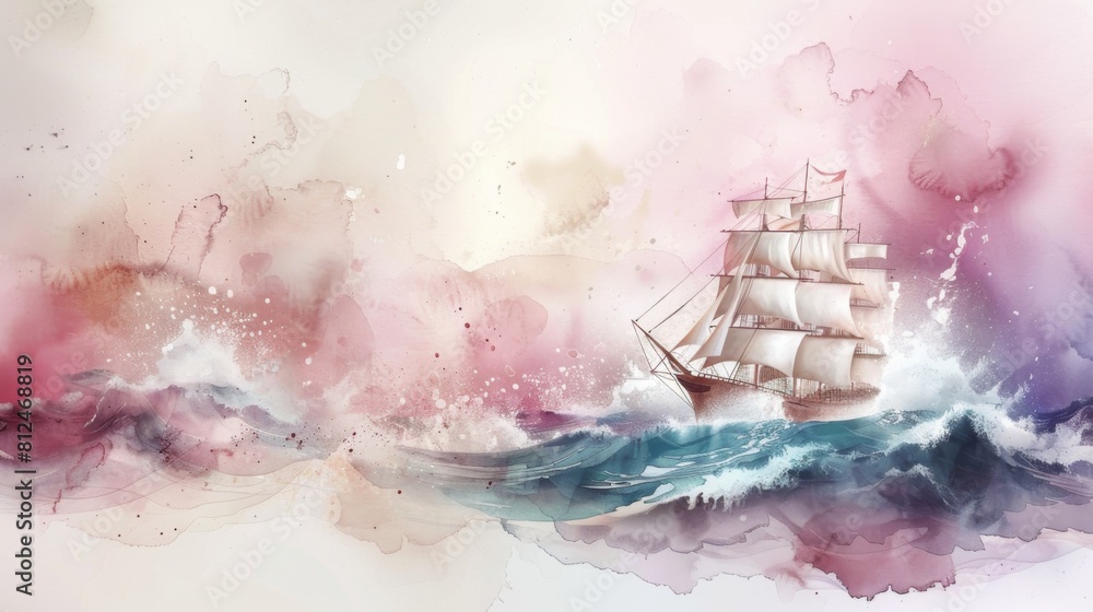 A painting of a large ship sailing through rough waters. The mood of ...