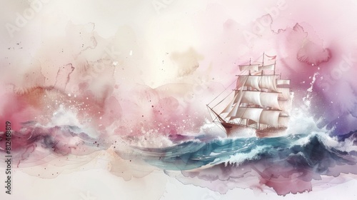 A painting of a large ship sailing through rough waters. The mood of the painting is one of adventure and excitement, as the ship navigates the choppy waves. Watercolor painting style.