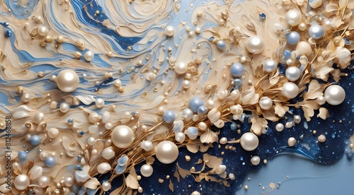 Abstract background, Blue and beige glitter flow with pearls  gemerate ai