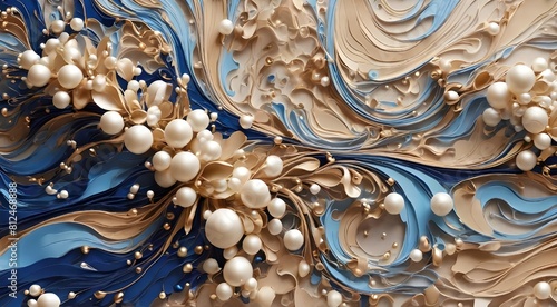 Abstract background, Blue and beige glitter flow with pearls  gemerate ai