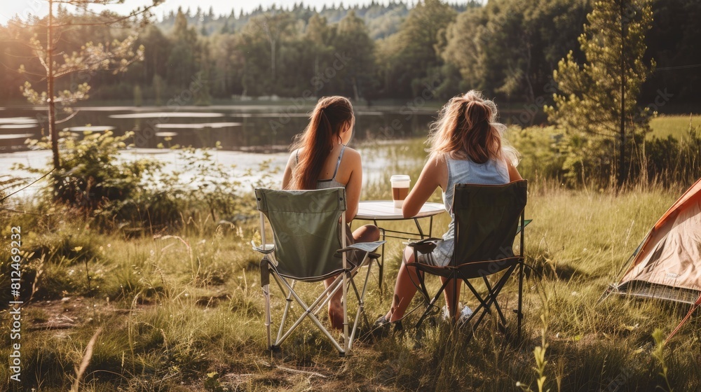 Two female friends enjoying camping, Summer camping Two female friends enjoying camping, Summer camping