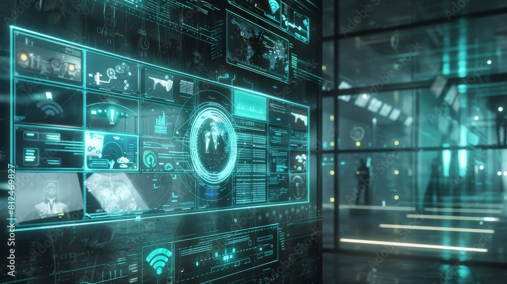 Surveillance CCTV and a futuristic interface with detection screens Surveillance CCTV and a futuristic interface with detection screens