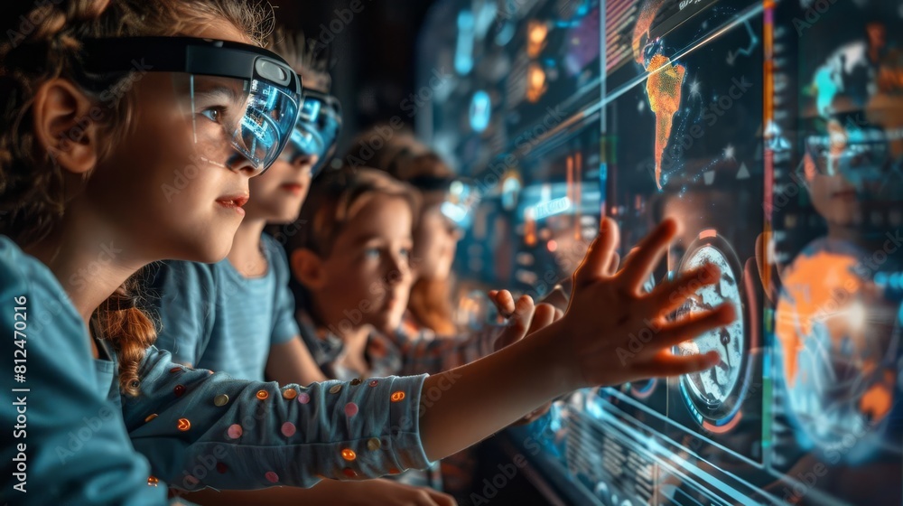 An image of holographic educators teaching children about renewable energy resources in an immersive classroom setting An image of holographic educators teaching children about renewable energy resources in an immersive classroom setting