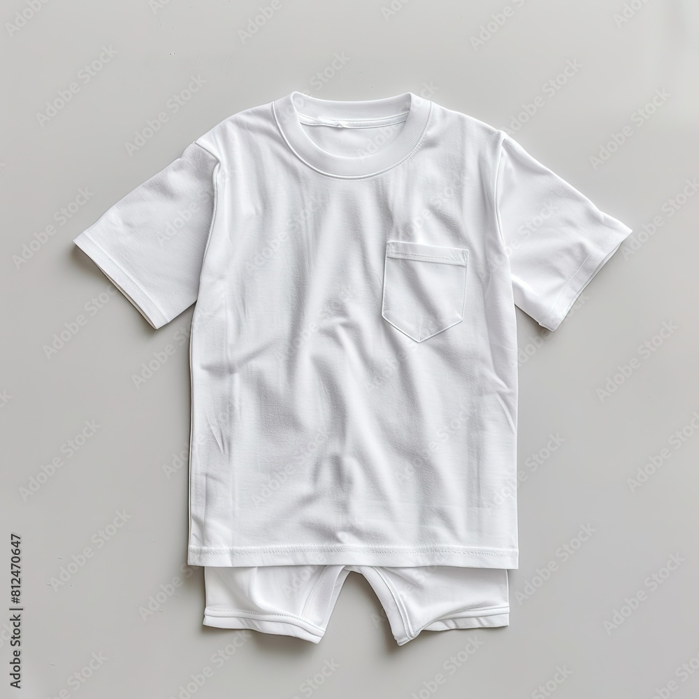 A neatly presented white baby T-shirt with a pocket detail paired with matching shorts, set against a plain gray backdrop.