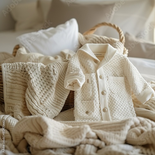 A luxurious cream-colored quilted baby jacket elegantly placed in a woven basket, complemented by textured knit blankets for a cozy atmosphere.