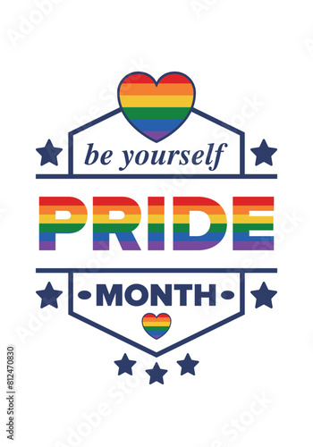 LGBT Pride Month in June. Lesbian Gay Bisexual Transgender. Celebrated annual. LGBT flag. Rainbow love concept. Human rights and tolerance. Poster  card  banner and background. Vector illustration