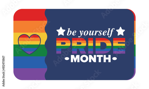 LGBT Pride Month in June. Lesbian Gay Bisexual Transgender. Celebrated annual. LGBT flag. Rainbow love concept. Human rights and tolerance. Poster, card, banner and background. Vector illustration