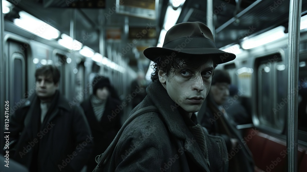 Show a tense moment in a subway car where a detective is secretly following a suspect among unsuspecting commuters Show a tense moment in a subway car where a detective is secretly following a suspect among unsuspecting commuters