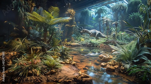 Showcase a detailed reconstruction of a prehistoric ecosystem  with dinosaurs roaming among ferns  cycads  and other ancient plants