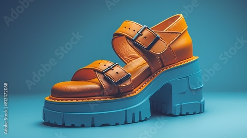 A trendy and fashion-forward platform sandal mockup on a solid blue background, featuring its chunky sole and strappy design, all presented in HD to convey its bold and statement-making nature