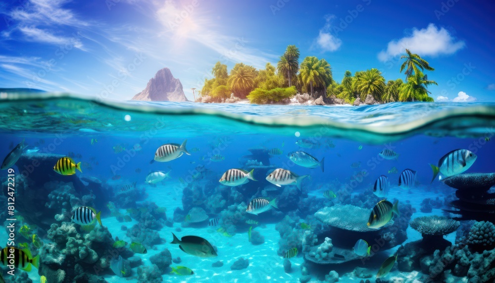 Groups of giant Tuna fish in the underwater, coral reef, amazing underwater life, various fish and exotic coral reefs, ocean wild creatures background