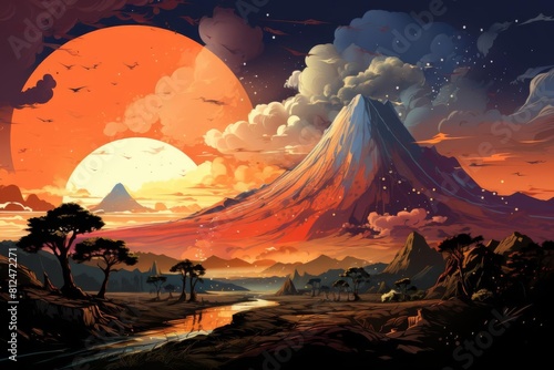 Volcano flat design top view dinosaur era theme animation Split complementary color scheme