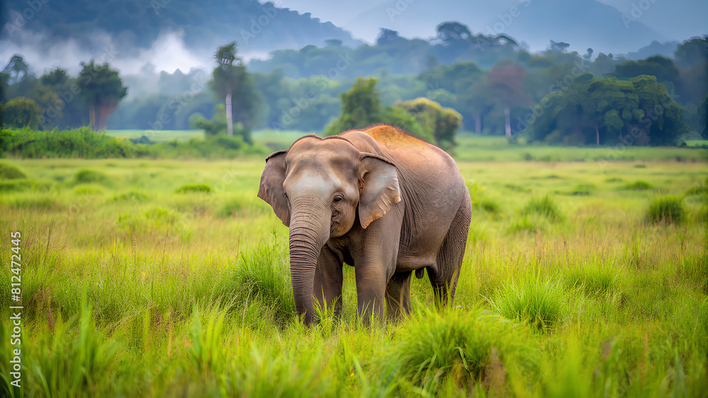 Fototapeta premium Young wild elephant grazing in the middle of the grassland, Thailand-2
