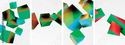 Flying 3d shapes, cubes and other geometric elements background design for wallpaper, business card, cover, poster, banner, brochure, header, website