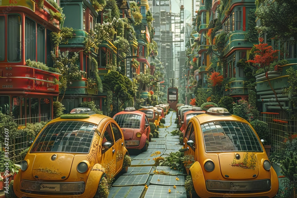 An imaginative portrayal of a city where the streets are paved with solar panels and the cars are mini gardens