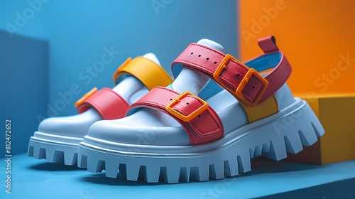 A trendy and fashion-forward platform sandal mockup on a solid blue background, featuring its chunky sole and vibrant straps, all presented in HD to showcase its statement-making and edgy design