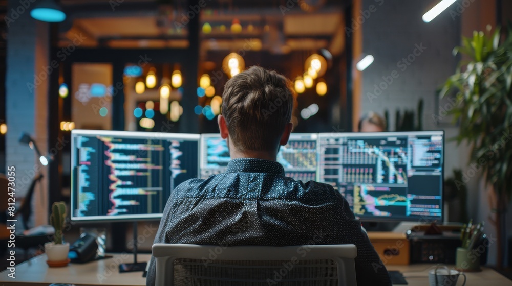 a group man of developers with monitors showing lines of code in the office a group man of developers with monitors showing lines of code in the office