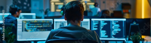  a group man of developers with monitors showing lines of code in the office