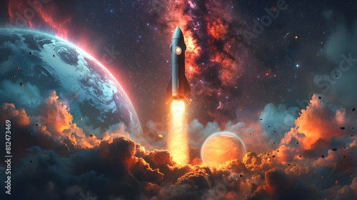 Fiery Rocket Launch Into Captivating Cosmic Landscape with Planet and Galaxy