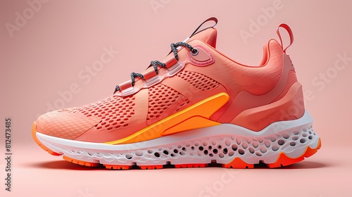 A trendy and modern athletic shoe mockup on a solid pink background  showcasing its colorful accents and lightweight design  all presented in HD to convey its sporty and energetic style