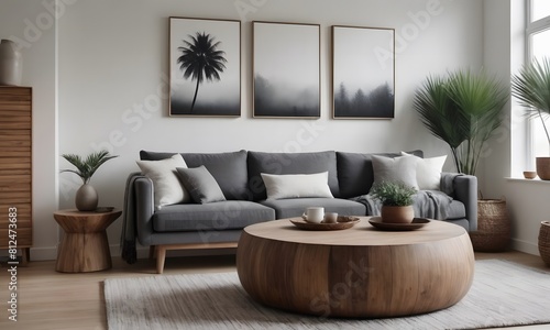 Luxurious round wood table against minimalist sofa and painting wall. modern living room. 