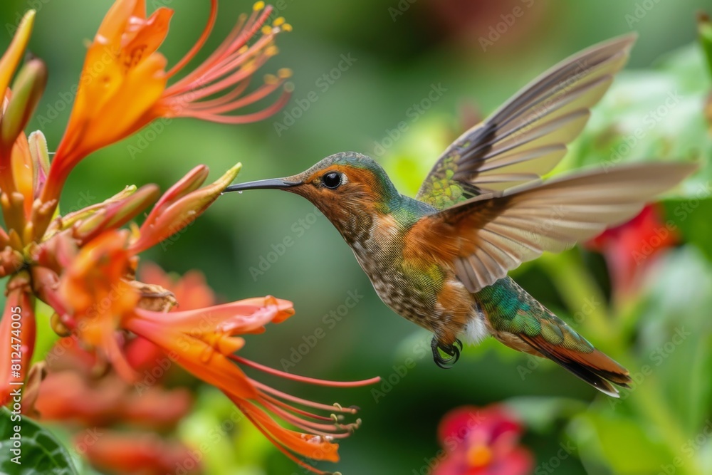 Fototapeta premium A close-up of a vibrant hummingbird feeding on nectar from a tropical flower
