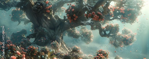 An imaginative scenario where gears act as pollinators for brain flowers blooming on ancient trees photo