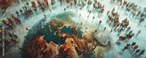 An imaginative scene of tiny people walking on a spinning globe, trying to find space in crowded areas photo