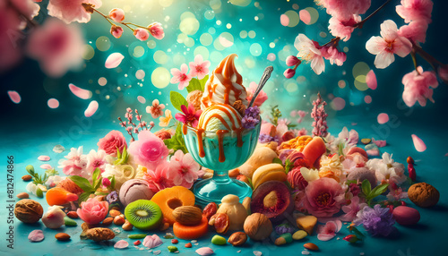 a vibrant and whimsical arrangement of ice cream, flowers, nuts, and fruit slices, all set in a dreamlike scene with a beautiful bokeh effect.