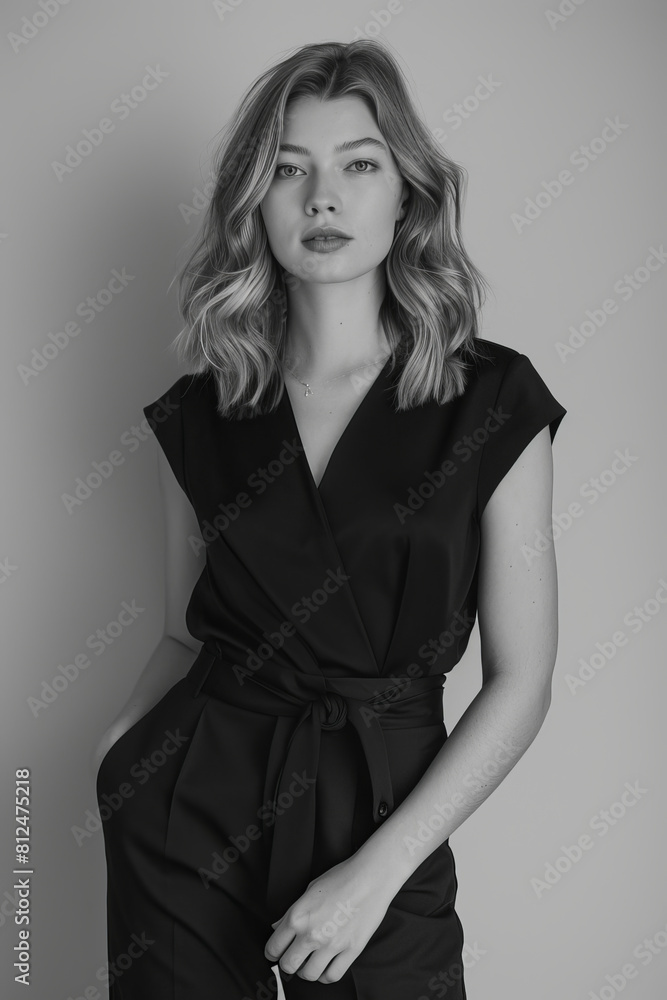 Fototapeta premium B&W minimalist elegance with a blonde caucasian female model. Woman poses in a sleek and modern setting, dressed in monochrome separates, clean lines, embodying timeless sophistication and simplicity