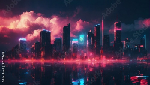 Abstract retrowave city pop style, Clouds and sky in cyberpunk artistry.