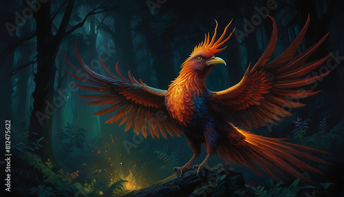 Enchanted Phoenix: Mystical Beauty in the Shadowy Forest